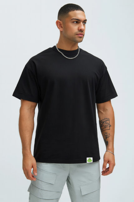 RahRaha Hustle Black T-Shirt for Men – Front view minimalist design with green logo tag