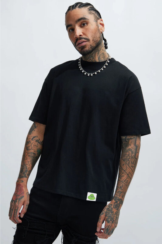 RahRaha Hustle Black T-Shirt for Men – Front view minimalist black design with green logo tag
