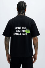 Hustle Black T-Shirt – Back view featuring “Plans Too Big For Small Talk” slogan and green RahRaha character graphic