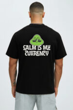 RahRaha Urban Chill Black Oversized T-Shirt – Back view featuring “Calm Is My Currency” slogan and green chill character graphic