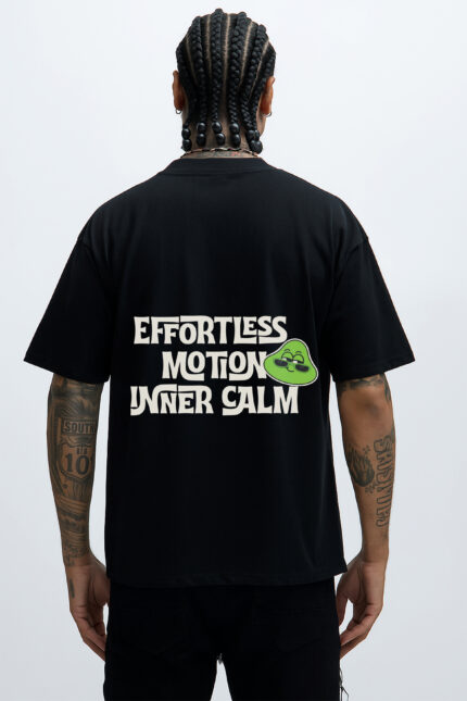 RahRaha Urban Chill Black T-Shirt – Back view featuring “Effortless Motion Inner Calm” slogan and green RahRaha character graphic
