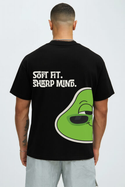 RahRaha Urban Chill Black Oversized T-Shirt – Back view with “Soft Fit. Sharp Mind.” slogan and green RahRaha chill character graphic