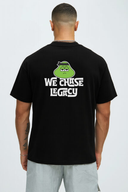RahRaha Hustle Black T-Shirt – Back view featuring “We Chase Legacy” slogan and green RahRaha graphic