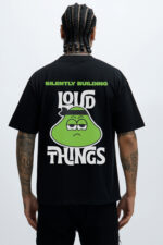 RahRaha Hustle Black T-Shirt for Men – Back view with green graphic and “Silently Building Loud Things” slogan