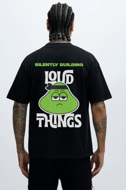 RahRaha Hustle Black T-Shirt for Men – Back view with green graphic and “Silently Building Loud Things” slogan