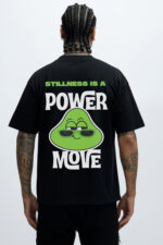 RahRaha Urban Chill Black T-Shirt – Back view featuring “Stillness Is a Power Move” slogan and green RahRaha character graphic