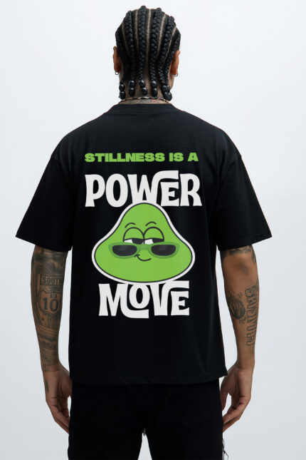 RahRaha Urban Chill Black T-Shirt – Back view featuring “Stillness Is a Power Move” slogan and green RahRaha character graphic