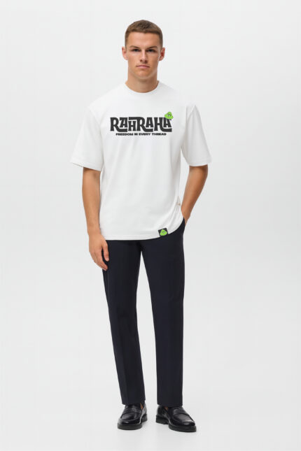 RahRaha Originals White T-Shirt for Men – Studio fit look, front graphic