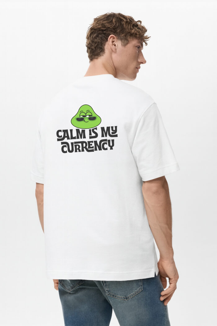 RahRaha Urban Chill White Oversized T-Shirt – Back view featuring “Calm Is My Currency” slogan and green RahRaha chill character