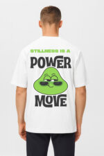 RahRaha Urban Chill White T-Shirt – Back view featuring “Stillness Is a Power Move” slogan and green RahRaha graphic