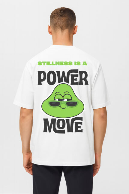 RahRaha Urban Chill White T-Shirt – Back view featuring “Stillness Is a Power Move” slogan and green RahRaha graphic