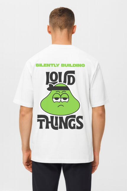 RahRaha Hustle White T-Shirt for Men – Back view featuring “Silently Building Loud Things” slogan in green print