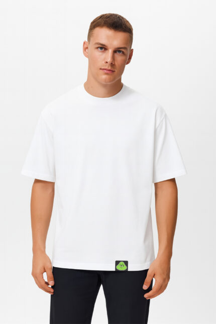 RahRaha Hustle White T-Shirt for Men – Front view minimalist white design with green logo tag