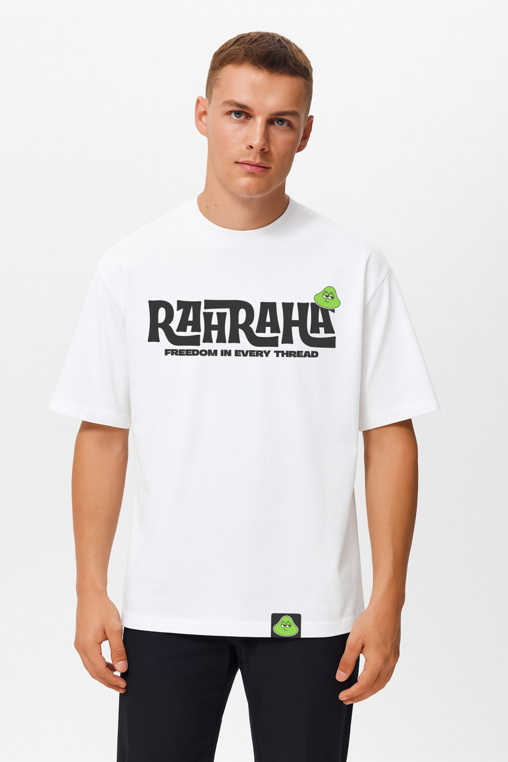 mens-white-male-original-oversized-tshirt-front-uae.jpg RahRaha Originals White T-Shirt for Men – Front view with black logo print “Freedom in Every Thread