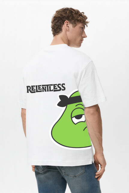 RahRaha Relentless White T-Shirt for Men – Back print with bold Relentless text and green RahRaha character