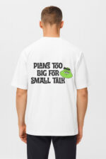 RahRaha Hustle White T-Shirt – Back view featuring “Plans Too Big For Small Talk” slogan and green RahRaha character graphic