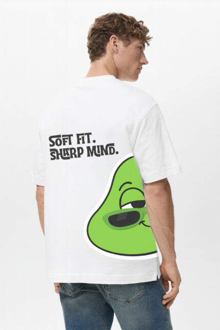 RahRaha Urban Chill White Oversized Men’s Tee – Back view with “Soft Fit. Sharp Mind.” slogan and green chill character