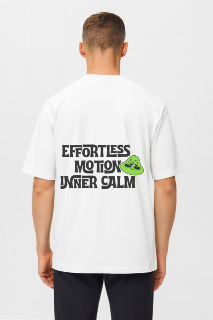 RahRaha Urban Chill White T-Shirt – Back view featuring “Effortless Motion Inner Calm” slogan and green RahRaha graphic