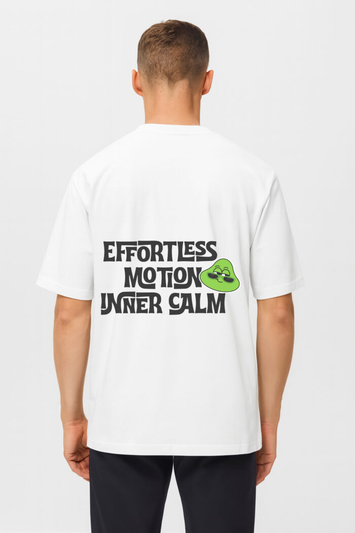 RahRaha Urban Chill White T-Shirt – Back view featuring “Effortless Motion Inner Calm” slogan and green RahRaha graphic