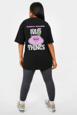 RahRaha Hustle Black T-Shirt for Women – Back view with pink graphic and “Silently Building Loud Things” slogan