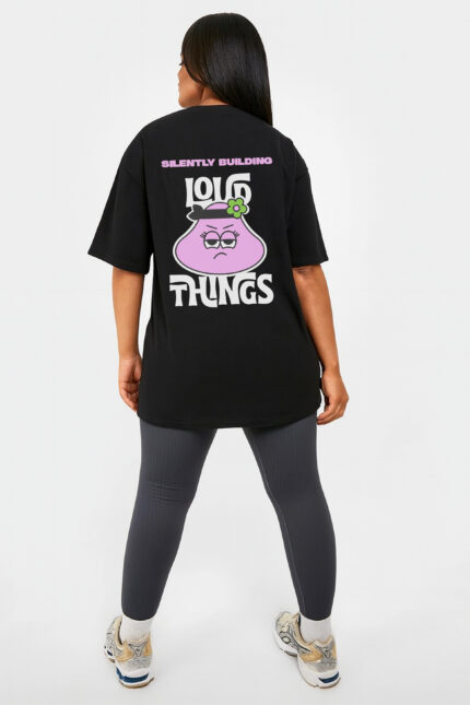 RahRaha Hustle Black T-Shirt for Women – Back view with pink graphic and “Silently Building Loud Things” slogan