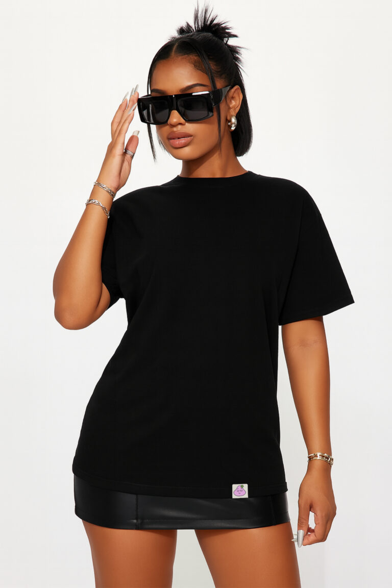 RahRaha Relentless Black T-Shirt for Women – Front view minimalist black oversized fit