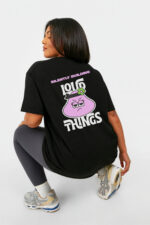 RahRaha Hustle Black T-Shirt for Women – Rear angled view, pink graphic and slogan artwork