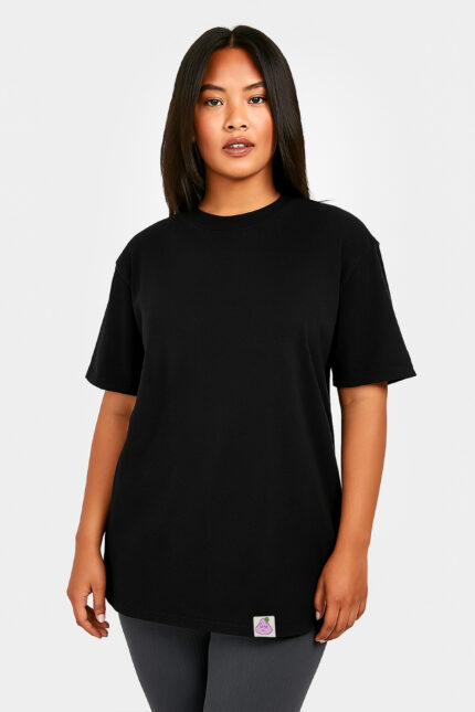 RahRaha Hustle Black T-Shirt for Women – Front view, oversized relaxed fit with logo tag