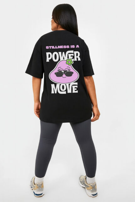 RahRaha Urban Chill Black T-Shirt for Women – Back print with “Stillness Is a Power Move” slogan and pink RahRaha graphic