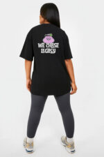 RahRaha Hustle Black T-Shirt for Women – Back print with pink “We Chase Legacy” character graphic