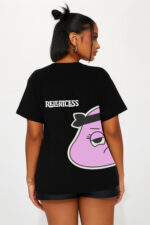 RahRaha Relentless Black T-Shirt for Women – Back view with large pink RahRaha graphic and Relentless slogan