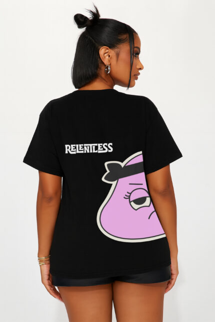 RahRaha Relentless Black T-Shirt for Women – Back view with large pink RahRaha graphic and Relentless slogan