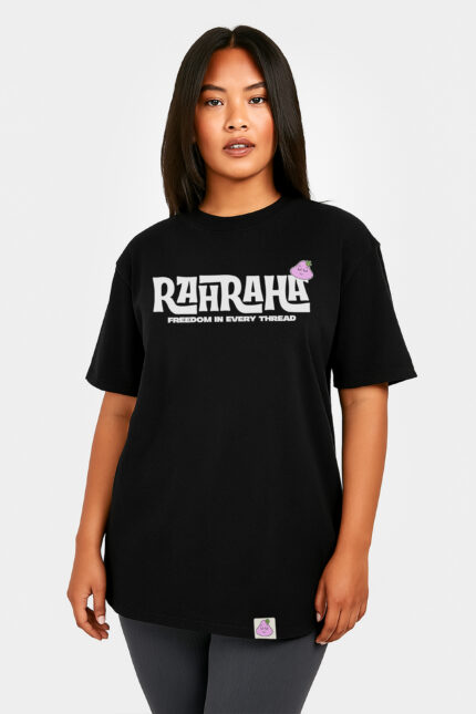 RahRaha Originals Black T-Shirt for Women – Front view, white logo print “Freedom in Every Thread”