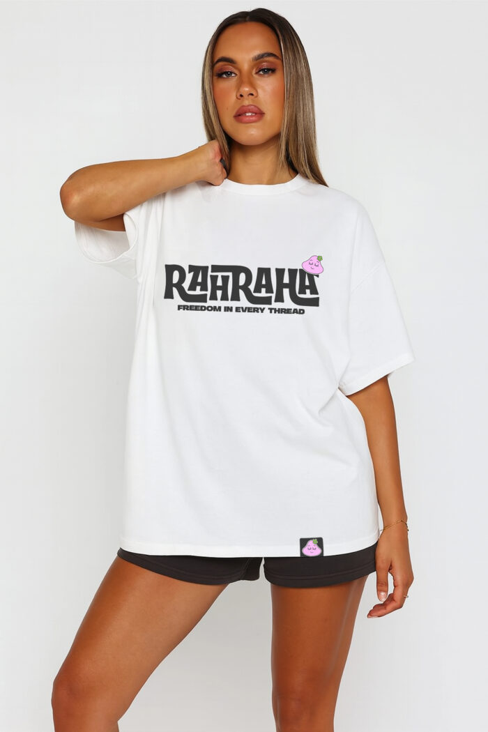 RahRaha Originals White T-Shirt for Women – Lifestyle pose, logo detail visible
