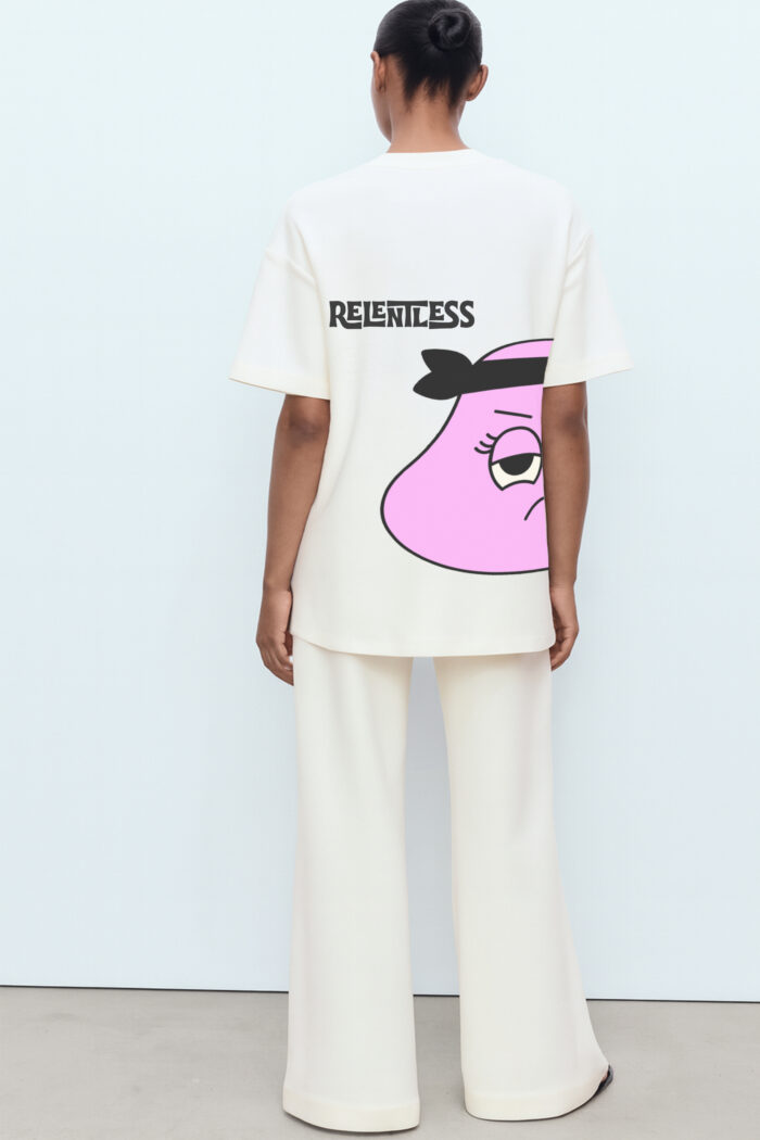 RahRaha Relentless White T-Shirt for Women – Back view with pink Rahraha character and Relentless slogan