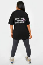 RahRaha Urban Chill Black T-Shirt for Women – Back print with pink “Effortless Motion Inner Calm” character graphic