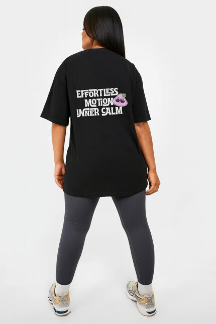 RahRaha Urban Chill Black T-Shirt for Women – Back print with pink “Effortless Motion Inner Calm” character graphic