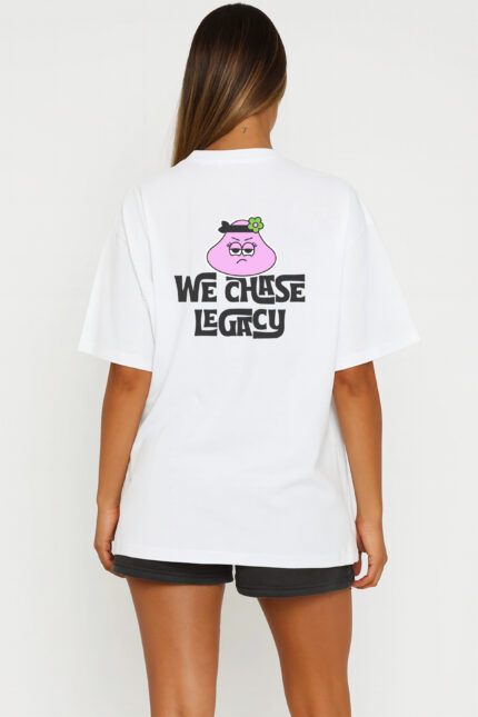 RahRaha Hustle White T-Shirt for Women – Back print with pink RahRaha character and “We Chase Legacy” slogan
