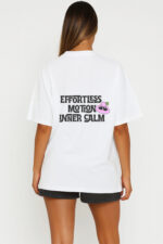 RahRaha Urban Chill White T-Shirt for Women – Back print with pink “Effortless Motion Inner Calm” character graphic