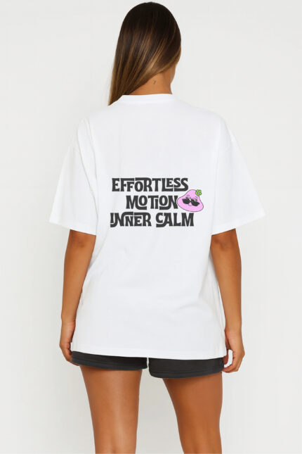 RahRaha Urban Chill White T-Shirt for Women – Back print with pink “Effortless Motion Inner Calm” character graphic